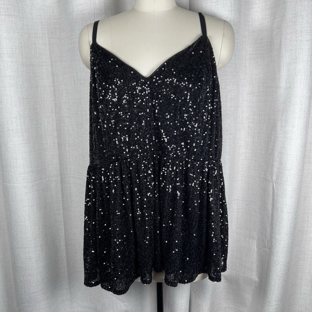 NEW! Torrid Peplum Sequin V-neck Tank Top Cami Blouse Deep Black Plus Size 3X‎